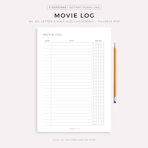 Movie Log Printable, Movies to Watch, Movies I've Watched, Movie Tracker, Film Journal, A4/A5/Letter/Half Size, Instant Download PDF