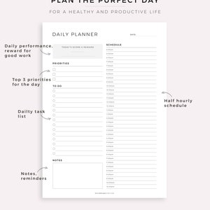 May include: A printable daily planner with sections for daily performance, top 3 priorities, daily task list, notes, reminders, and a half-hourly schedule. The planner includes a section for today's score and reward, priorities, and to-do items.