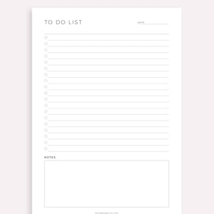 Puede incluir: Una lista de tareas imprimible con una secci&oacute;n para notas. La lista tiene un espacio en blanco para la fecha y 20 l&iacute;neas para tareas. El texto "TO DO LIST" y "NOTES" est&aacute; en negro.