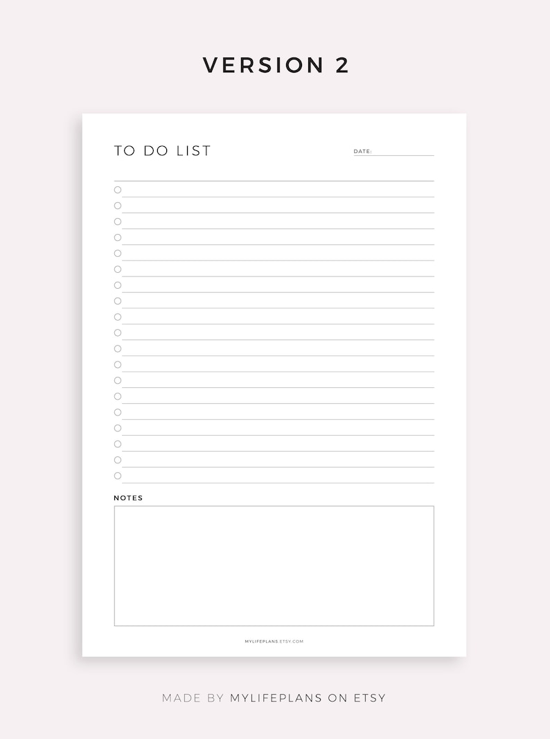Puede incluir: Una lista de tareas imprimible con una secci&oacute;n para notas. La lista tiene un espacio en blanco para la fecha y 20 l&iacute;neas para tareas. El texto "TO DO LIST" y "NOTES" est&aacute; en negro.