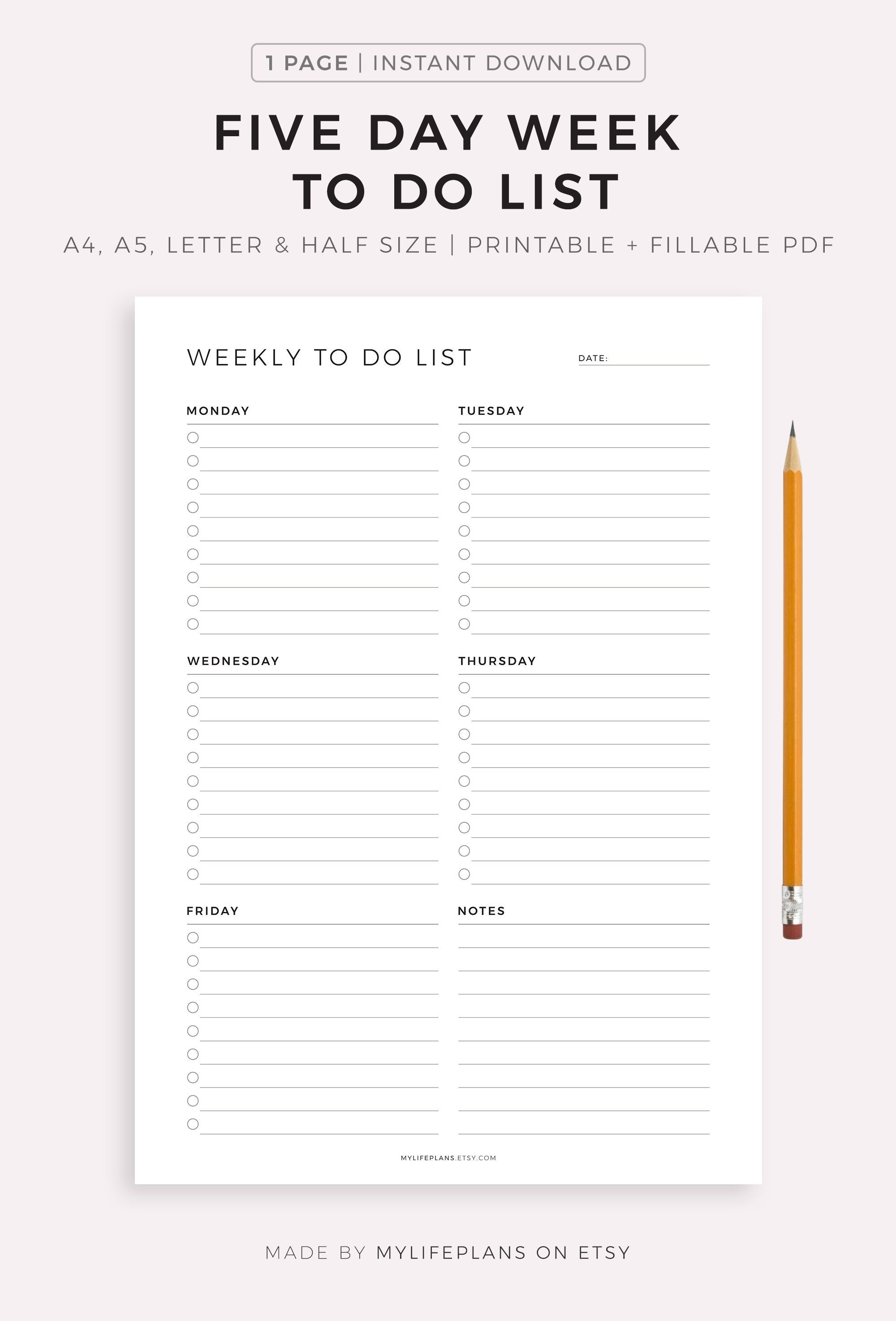 Five Day Week to Do List Printable Minimal Weekly Planner - Etsy UK