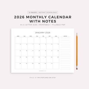Puede incluir: Calendario mensual imprimible de 2026 con notas, con un diseño limpio y minimalista. El calendario es blanco con texto negro, mostrando los días del mes en formato de cuadrícula. Un lápiz amarillo descansa en el lado derecho. El texto incluye "12 PAGES | INSTANT DOWNLOAD".