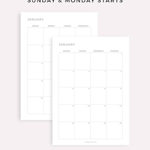 Pode incluir: Duas p&aacute;ginas de calend&aacute;rio mensal de janeiro brancas com um design minimalista. O texto "SUNDAY & MONDAY STARTS" est&aacute; no topo. Os calend&aacute;rios n&atilde;o est&atilde;o datados, com caixas para cada dia da semana. A parte inferior da imagem diz "MADE BY MYLIFEPLANS ON ETSY."