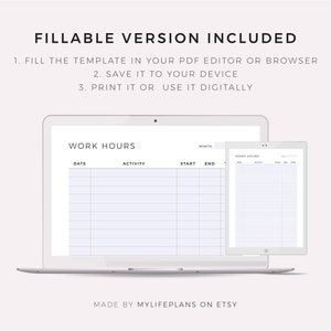 Op de afbeelding: Een laptop en een tabletscherm tonen een afdrukbare werkurenlog-sjabloon. De sjabloon bevat kolommen voor datum, activiteit, starttijd, eindtijd en notities. De tekst op het scherm luidt "Work Hours".