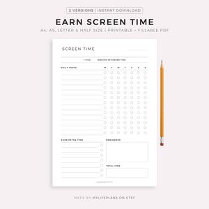 Earn Screen Time Checklist for Teenager/Kids, Screen Time Chore Chart, Bildschirmzeit Tracker, A4/A5/Letter/halbe Größe, Instant Download PDF