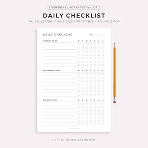 Daily Checklist Printable & Fillable, Daily To Do List Template, Task List, Planner Inserts, A4/A5/Letter/Half, Instant Download PDF