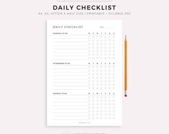 Daily Checklist Printable & Fillable, Daily To Do List Template, Task List, Planner Inserts, A4/A5/Letter/Half, Instant Download PDF
