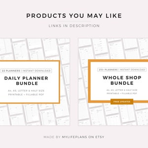 May include: Two digital product listings for printable daily planners. The left listing is for a bundle of 22 daily planners in various sizes, including A4, A5, letter, and half-letter. The right listing is for a bundle of over 215 planners in various sizes, including A4, A5, letter, and half-letter. Both listings are for instant download and include printable and fillable PDF files.