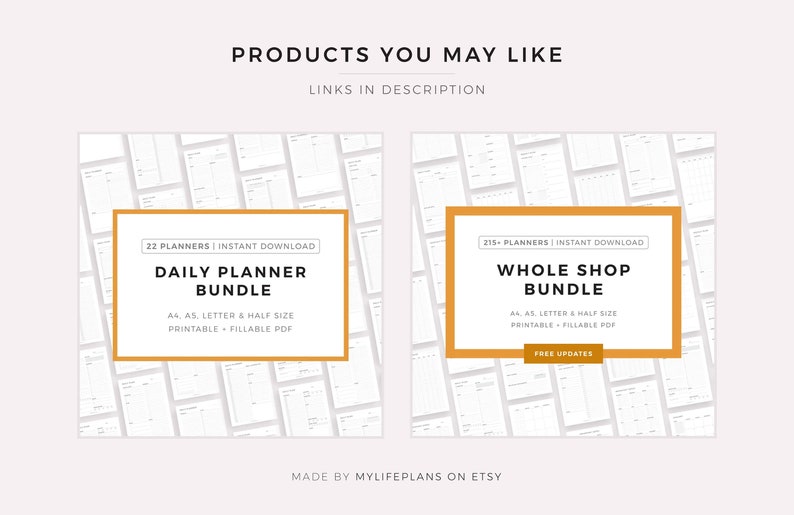 May include: Two digital product listings for printable daily planners. The left listing is for a bundle of 22 daily planners in various sizes, including A4, A5, letter, and half-letter. The right listing is for a bundle of over 215 planners in various sizes, including A4, A5, letter, and half-letter. Both listings are for instant download and include printable and fillable PDF files.