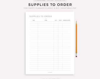 Supplies to Order Tracker Printable Template for Happy Planner Classic & Big, Instant Download