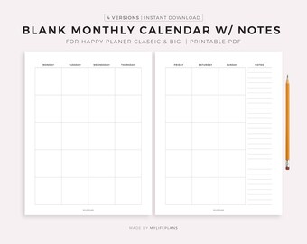 Blank Monthly Calendar with Notes, 2 Page Printable Calendar Template PDF for Happy Planner Classic & Big, Instant Download