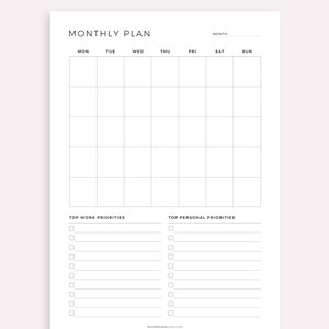 Peut inclure: Un planificateur mensuel imprimable avec une grille pour chaque jour de la semaine, une section pour les priorit&eacute;s de travail les plus importantes et une section pour les priorit&eacute;s personnelles les plus importantes. Le planificateur comprend le texte "MONTHLY PLANNER" et "SUNDAY & MONDAY STARTS INCLUDED".