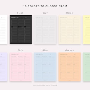Puede incluir: Diez plantillas de lista de la compra imprimibles en diferentes colores: blanco, negro, gris, beige, amarillo, morado, rosa, azul, naranja y verde. Cada plantilla tiene las palabras "Grocery List" en la parte superior.