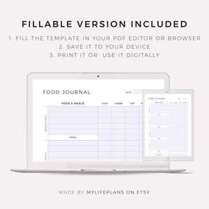Pode incluir: Um modelo de di&aacute;rio alimentar digital exibido em um laptop e um tablet. O modelo inclui colunas para alimentos e refei&ccedil;&otilde;es, calorias, carboidratos e gordura. O modelo &eacute; preench&iacute;vel e pode ser usado para rastrear a ingest&atilde;o de alimentos.