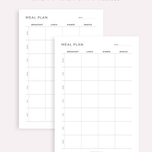 May include: Two printable meal planner templates with a black and white grid layout. The top template has a date field and columns for breakfast, lunch, dinner, and snacks. The bottom template has a date field and columns for breakfast, lunch, dinner, and snacks. Both templates have a column for each day of the week, starting with Sunday.