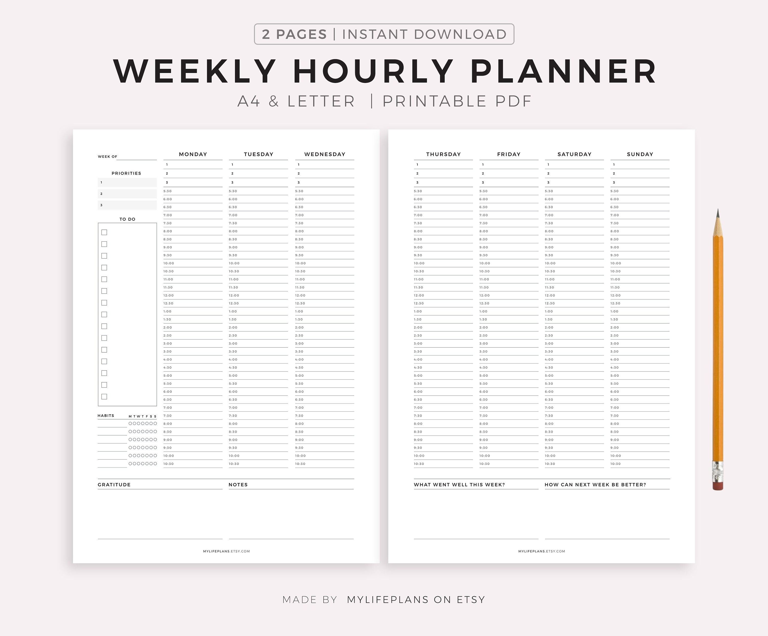 weekly hourly planner printable weekly schedule daily etsy