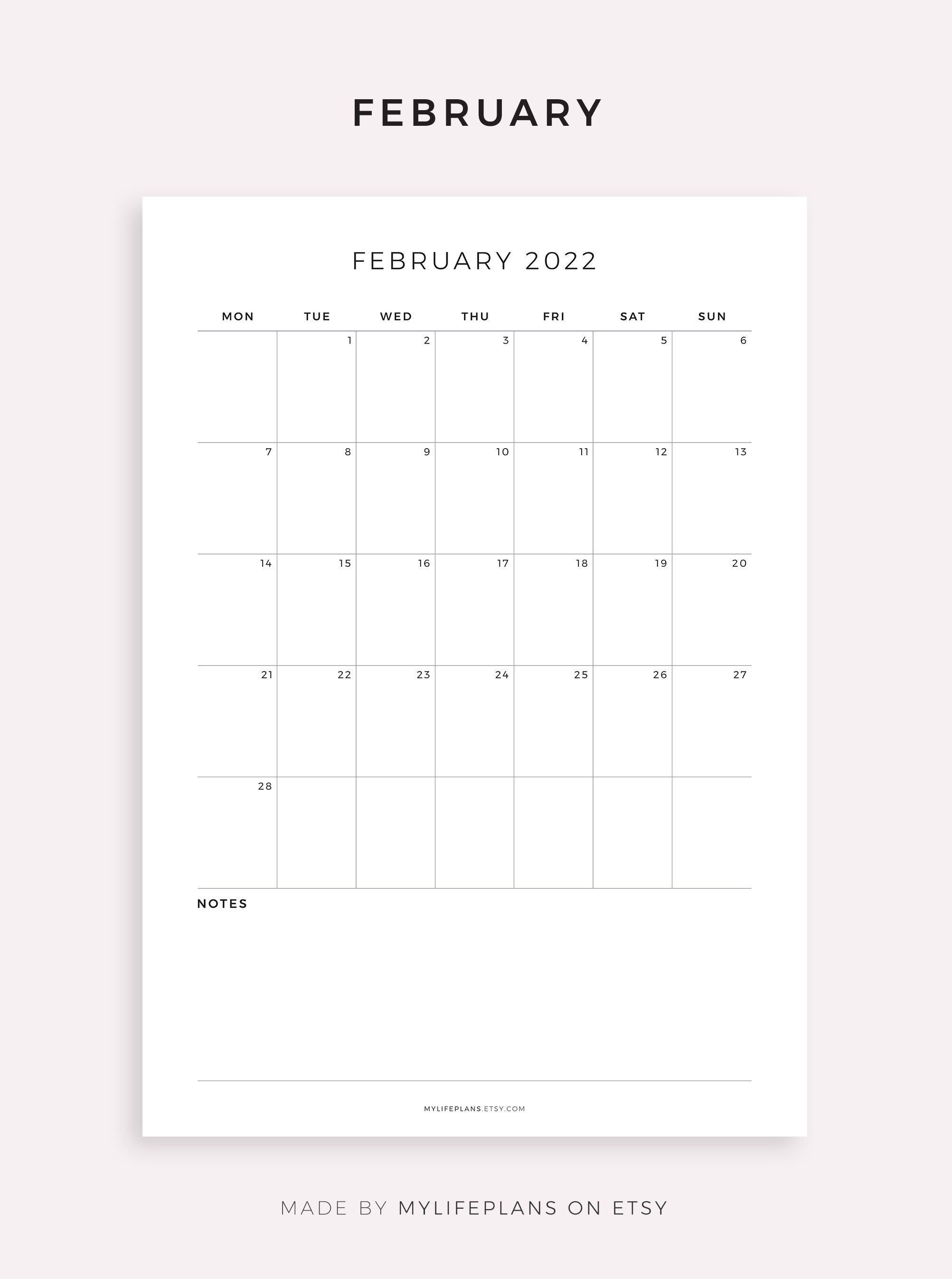 2022 monthly calendar with notes printable calendar template etsy