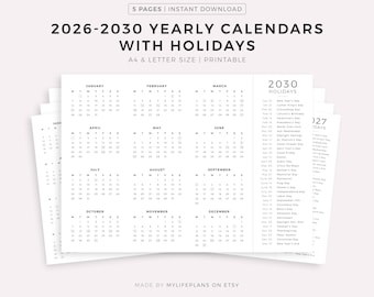 2026-2030 Year Calendars with Holidays on One Page, Printable, Landscape, Wall Calendar, Desk Calendar, Sunday & Monday Start, A4/Letter