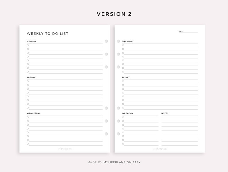 May include: A printable weekly to-do list planner with sections for Monday, Tuesday, Wednesday, Thursday, Friday, Weekend, and Notes. The planner is designed for use with a disc-bound planner.