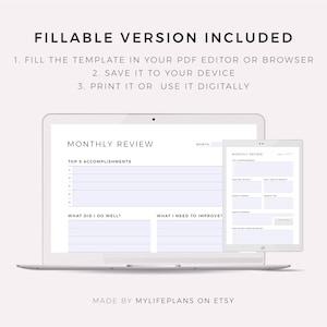 May include: A laptop and tablet displaying a printable monthly review template. The template includes sections for top accomplishments, what you did well, and what you need to improve. The text "MONTHLY REVIEW" is at the top of the template.