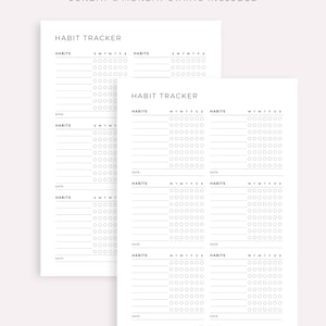 May include: Two white habit tracker printable sheets with the text "VERSION 1" and "SUNDAY & MONDAY STARTS INCLUDED". Each sheet has sections for tracking habits, with spaces for dates and daily progress. The text "HABIT TRACKER" is at the top.
