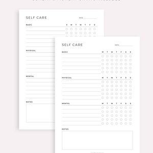 May include: Printable self-care planner with sections for basic, physical, and mental care. Each section has a weekly checklist with boxes for each day of the week. The planner also includes a notes section.