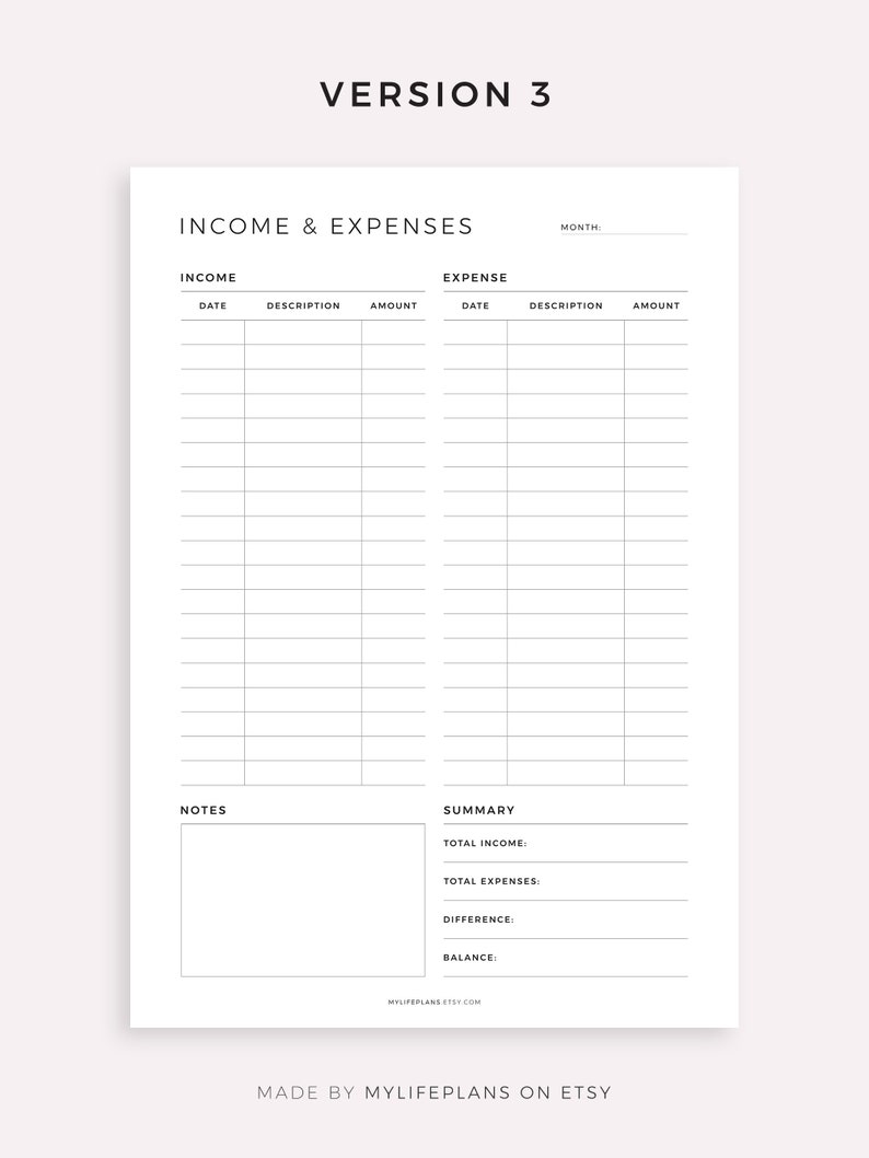 May include: A printable budget tracker with sections for income and expenses. The tracker includes columns for date, description, and amount. There is also a section for notes and a summary section for total income, total expenses, difference, and balance.