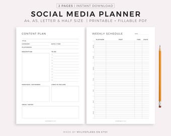 Social Media Planner Printable, Content Planner for Instagram, Youtube, Pinterest, TikTok, Blog, A4/A5/Letter/Half, Instant Download PDF
