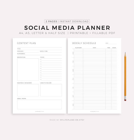 Social Media Planner Printable, Content Planner for Instagram, Youtube, Pinterest, TikTok, Blog, A4/A5/Letter/Half, Instant Download PDF