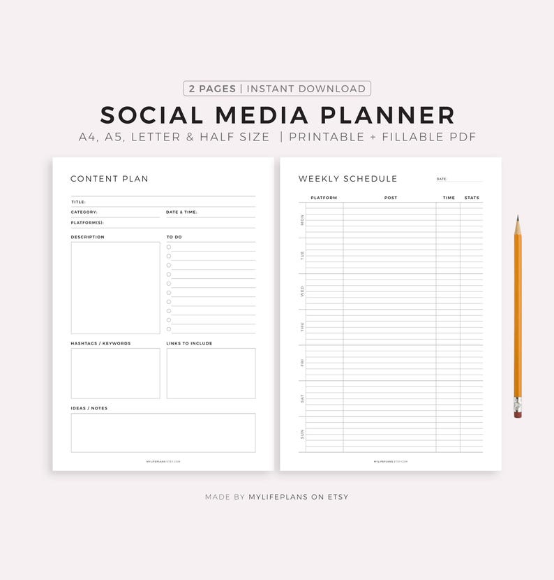 Social Media Planner Printable, Content Planner for Instagram, Youtube, Pinterest, TikTok, Blog, A4/A5/Letter/Half, Instant Download PDF image 1
