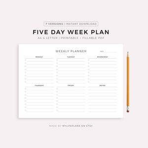 Five Day Weekly Planner Printable To Do List, Weekly Schedule, Week At a Glance, Student Planner, Work/Office Planner, A4/Letter, Landscape