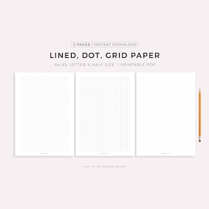 Lined Dot Grid Paper Printable, Writing Paper, Blank Notes, Study Note Template, Lecture Notes, A4/A5/Letter/Half Size, Instant Download PDF