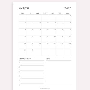 May include: A white March 2026 calendar with a simple design. It has a grid layout for dates, with days of the week at the top. Sections for important tasks and notes are included below. The words "MARCH" and "2026" are clearly visible.