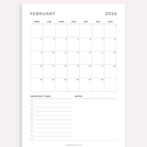 May include: A simple white calendar page for February 2026, with a grid layout showing the days of the week. It includes sections for important tasks and notes. The words "FEBRUARY" and "2026" are clearly visible. The Etsy shop name is displayed at the bottom.