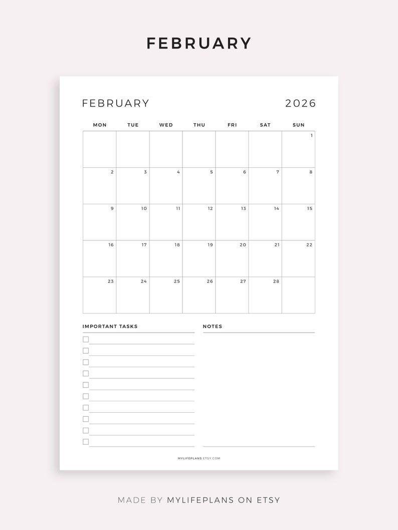 May include: A simple white calendar page for February 2026, with a grid layout showing the days of the week. It includes sections for important tasks and notes. The words "FEBRUARY" and "2026" are clearly visible. The Etsy shop name is displayed at the bottom.