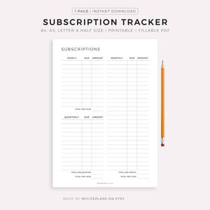 Monthly, Quarterly, Yearly Subscription Tracker Printable, Membership Checklist, Expense Tracker, Budget Template, A4/A5/Letter/Half Size