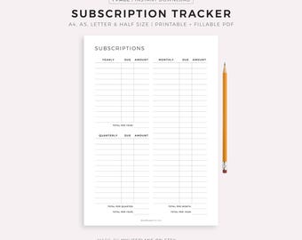Monthly, Quarterly, Yearly Subscription Tracker Printable, Membership Checklist, Expense Tracker, Budget Template, A4/A5/Letter/Half Size