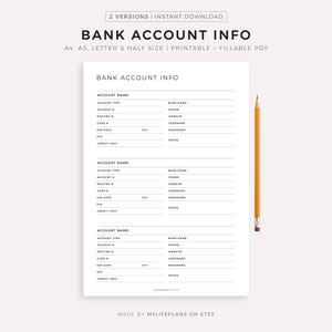 Bank Account Information Tracker Printable, Bank Account Log, Bank Details, A4/A5/Letter/Half Size, Instant Download PDF image 1