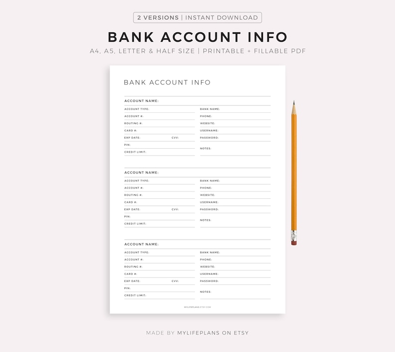 Bank Account Information Tracker Printable, Bank Account Log, Bank Details, A4/A5/Letter/Half Size, Instant Download PDF image 1