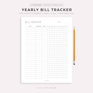 Puede incluir: Un rastreador de facturas anual en PDF imprimible en blanco con un diseño de cuadrícula para rastrear facturas, montos y fechas de vencimiento. El texto "YEARLY BILL TRACKER" está en la parte superior. Un lápiz amarillo está en el lado derecho.