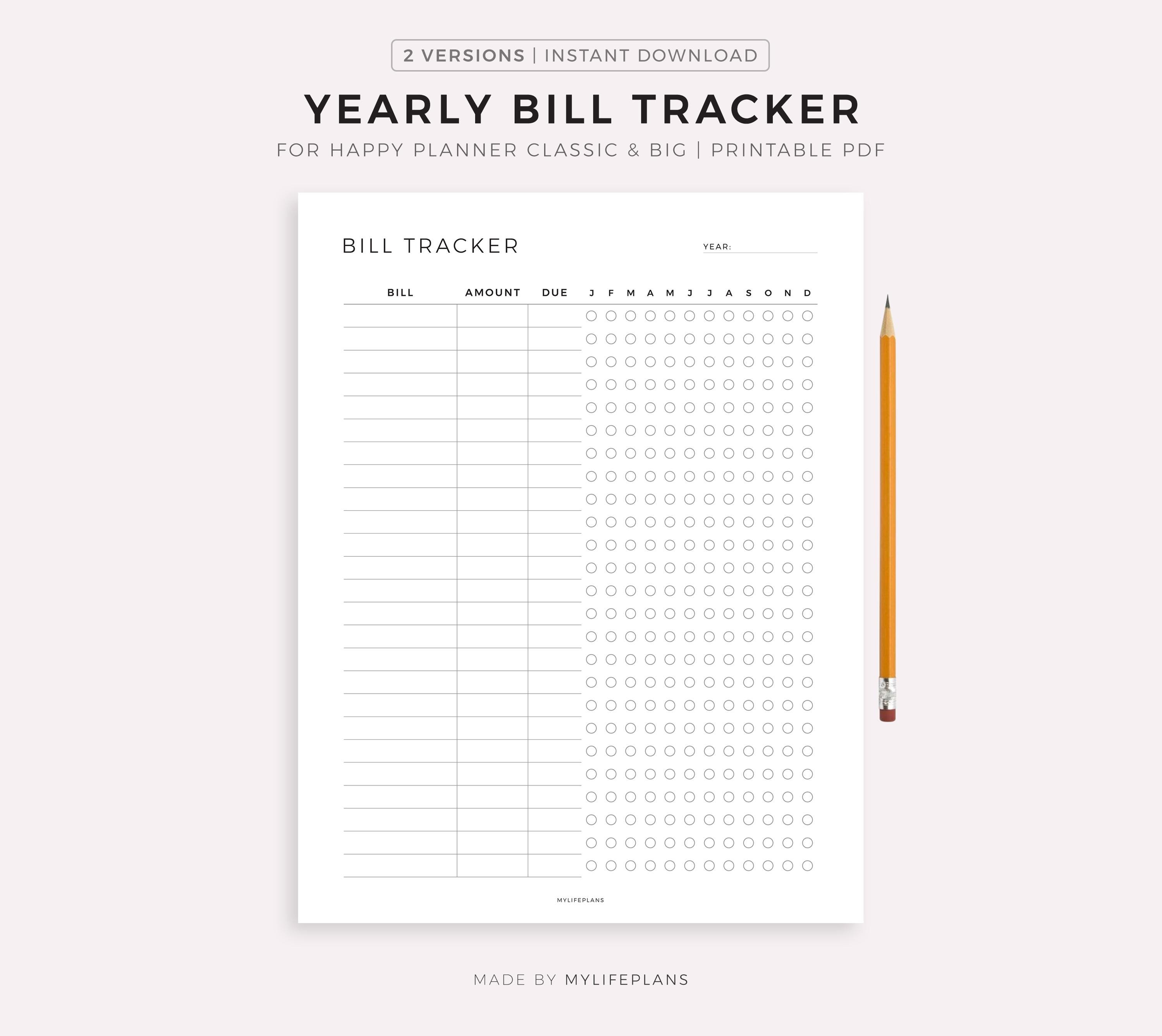Yearly Bill Tracker, Printable Template for Happy Planner Classic & Big ...