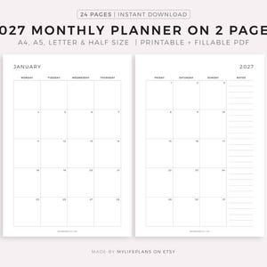 2027 Monthly Planner Printable, Dated Month on 2 Pages, 2027 Calendar, Month At a Glance, A4/A5/Letter/Half, Instant Download