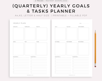 Quarterly Yearly Planner Printable, Yearly Goals & Tasks, Annual Overview, Undated Planner Pages, A4/A5/Letter/Half