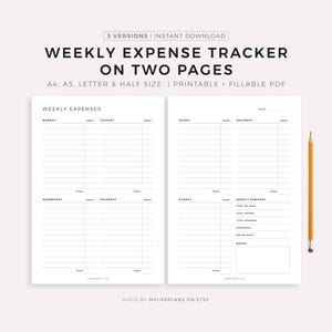Weekly Expenses Tracker on Two Pages, Spending Tracker, Finance Planner, A4/A5/Letter/Half Size, Printable & Fillable, Instant Download PDF
