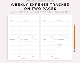 Wöchentlicher Ausgabentracker auf zwei Seiten, Ausgabentracker, Finazplaner, A4/A5/Letter/halbe Größe, druckbar & ausfüllbar, Instant Download PDF