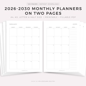 2026-2030 Monthly Planner Printable, Dated Month on 2 Pages, 2024 Calendar, Month At a Glance, A4/A5/Letter/Half, Instant Download