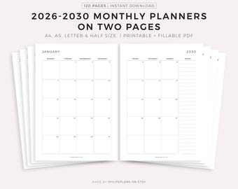 Planejador Mensal Imprimível 2026-2030, Mês Datado em 2 Páginas, Calendário 2024, Visão Geral do Mês, A4/A5/Carta/Meia Folha, Download Instantâneo