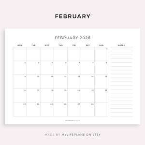 K&ouml;nnte beinhalten: Eine minimalistische wei&szlig;e Kalenderseite f&uuml;r Februar 2026, mit dem Monatsnamen oben. Das Kalenderraster ist einfach, mit Wochentagen oben und nummerierten Daten. Ein Notizenbereich befindet sich rechts. Der Text "MADE BY MYLIFEPLANS ON ETSY" steht unten.