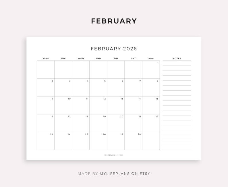 K&ouml;nnte beinhalten: Eine minimalistische wei&szlig;e Kalenderseite f&uuml;r Februar 2026, mit dem Monatsnamen oben. Das Kalenderraster ist einfach, mit Wochentagen oben und nummerierten Daten. Ein Notizenbereich befindet sich rechts. Der Text "MADE BY MYLIFEPLANS ON ETSY" steht unten.