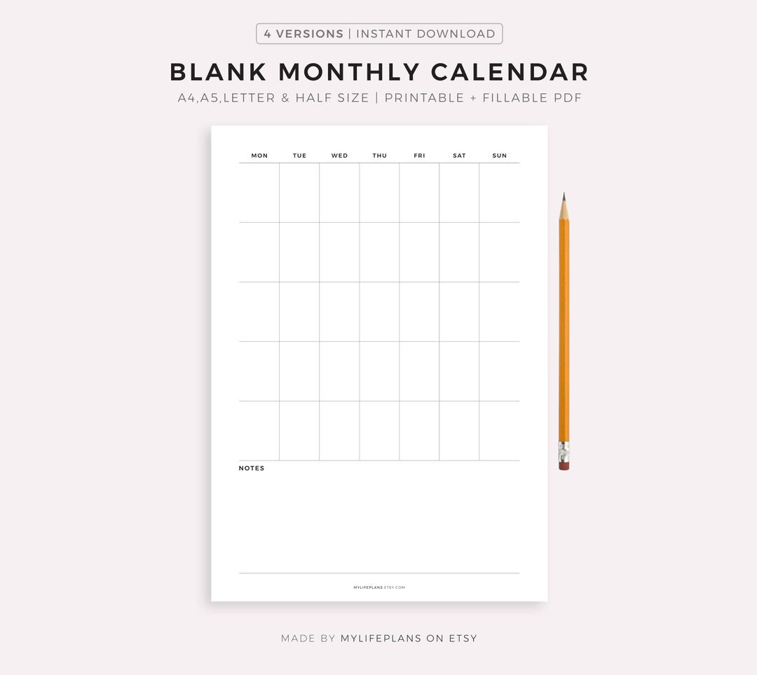 Blank Monthly Calendar Template Printable & Fillable, Undated Calendar ...